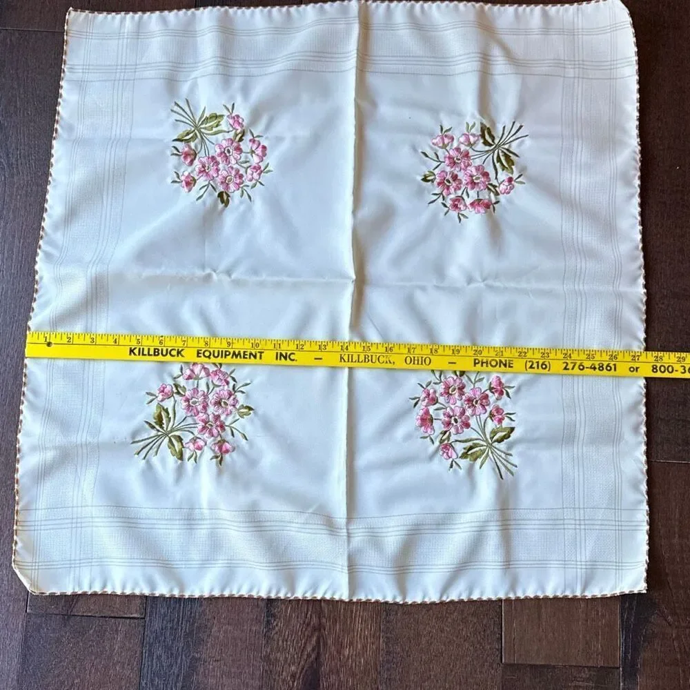 Vintage handmade napkin handkerchief cream with‎ embroidered pink flowers shabby